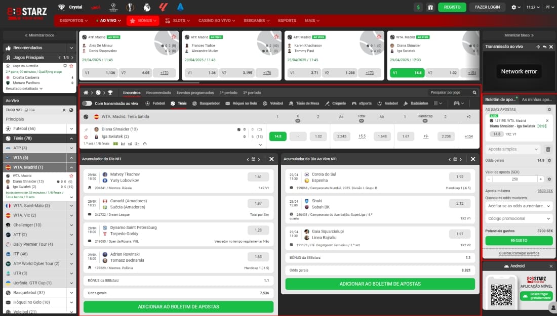 Interface de apostas ao vivo no 888starz com boletim ativo e opção para registrar apostas no mobile