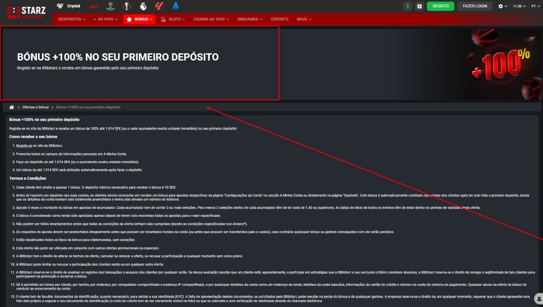 Página de termos do bônus de 100% no primeiro depósito com instruções e condições detalhadas
