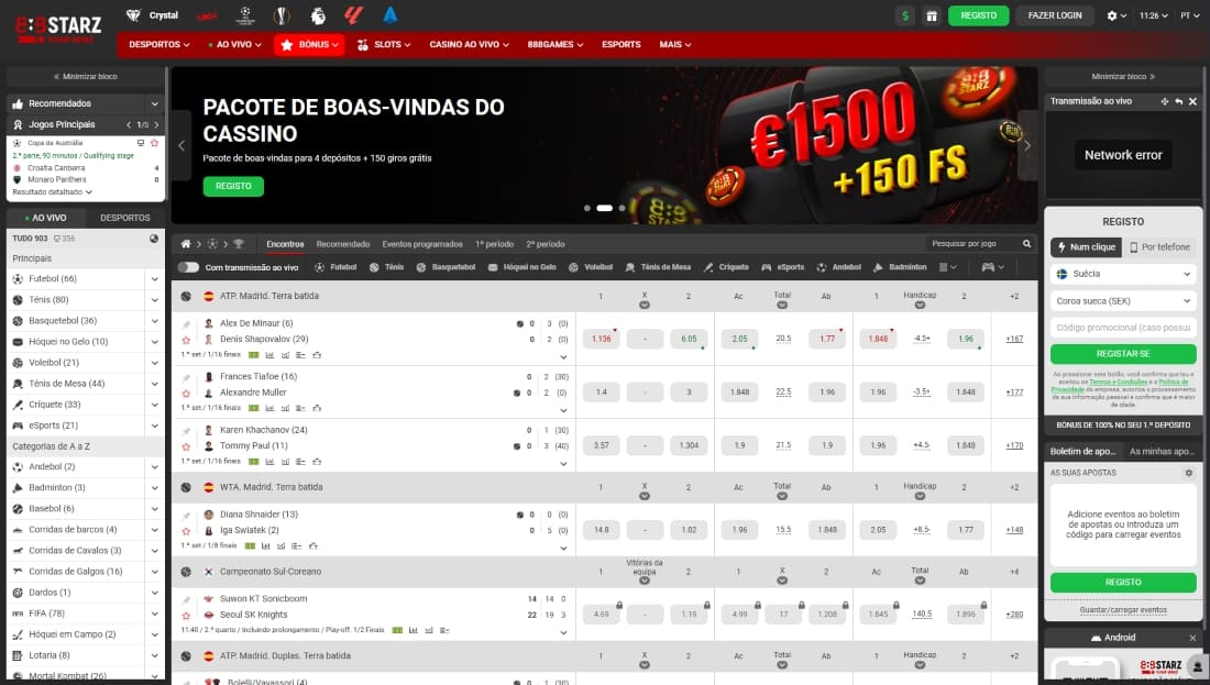 Tela de boas-vindas do cassino no 888starz com destaque para bônus de até EUR1500 e 150 giros grátis