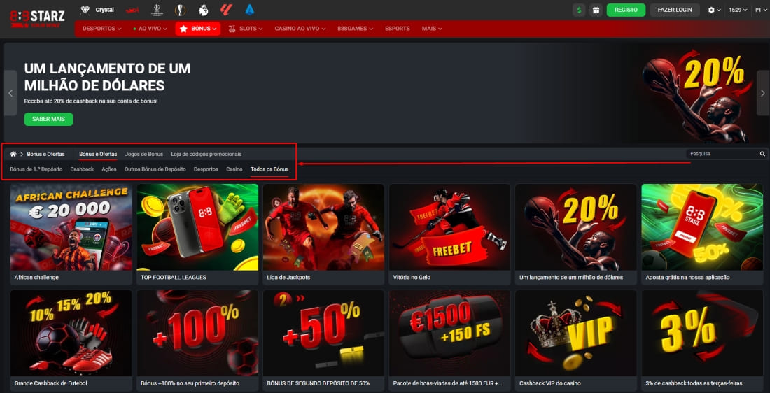 Página de bônus com destaque para cashback, apostas grátis e bônus por depósito no 888Starz