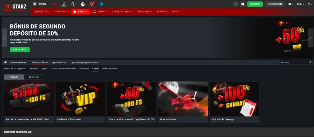 Seção de bônus do 888Starz mostrando oferta de 50% no segundo depósito e outras promoções ativas