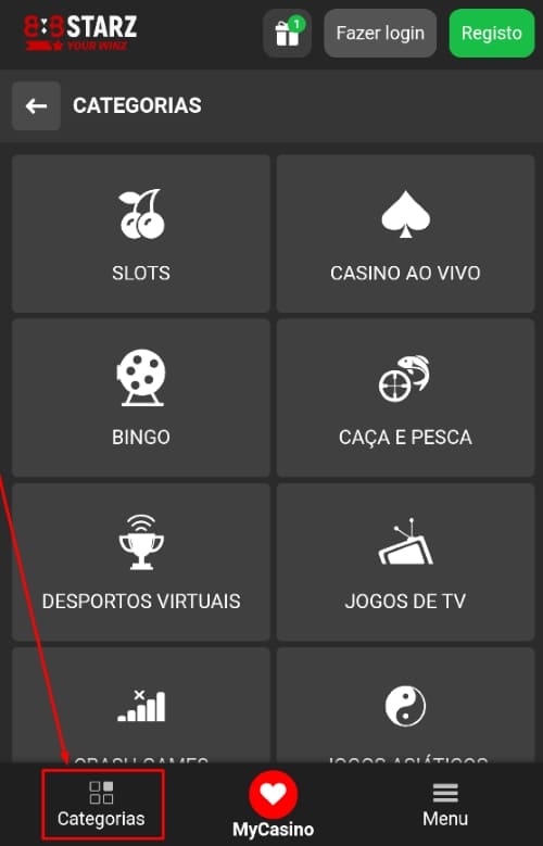 Tela de categorias no app 888Starz com opções como slots, bingo, caça e pesca e jogos de TV