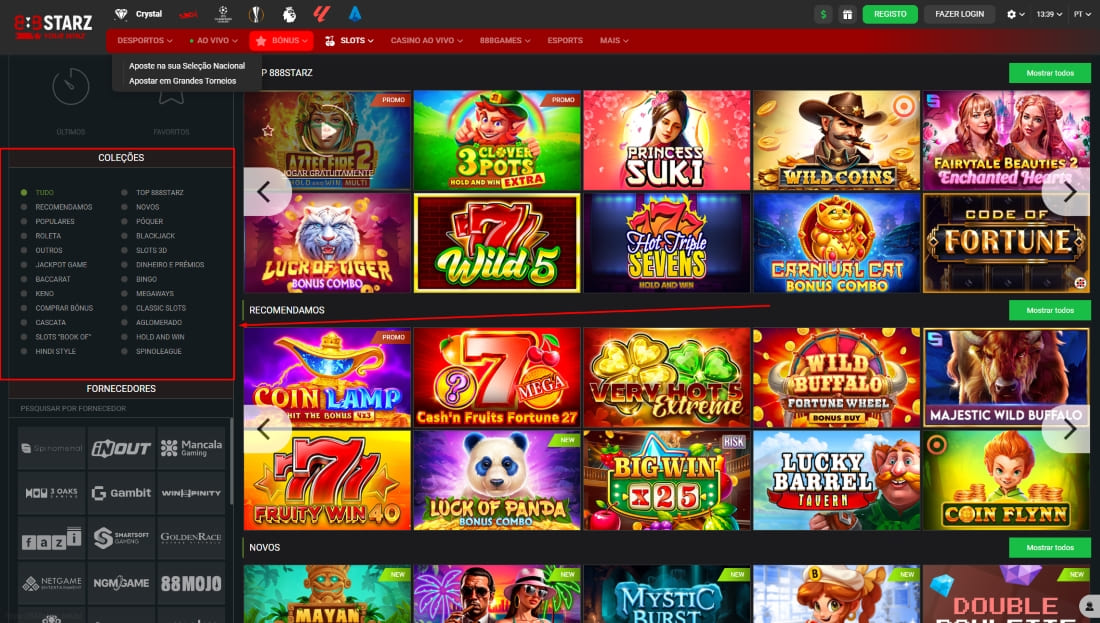 Lista de jogos recomendados no 888Starz com filtros por tipo de slot e fornecedores no menu lateral