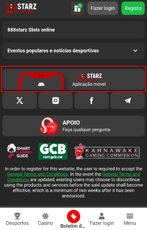 Rodapé do app 888Starz com link para aplicação móvel, suporte e ícones de redes sociais