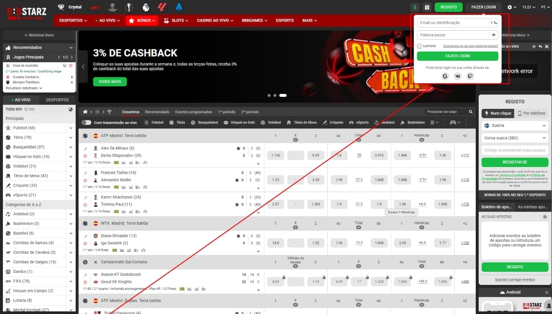 Página principal do 888starz com login aberto e odds de apostas esportivas em destaque ao fundo