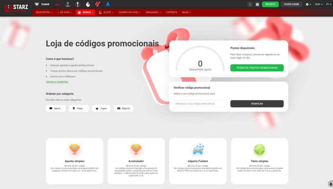 Página da loja de códigos promocionais do 888Starz com categorias e verificação de pontos