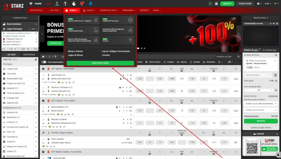 Menu de navegação do 888Starz com categorias de bônus, incluindo apostas, jogos e torneios