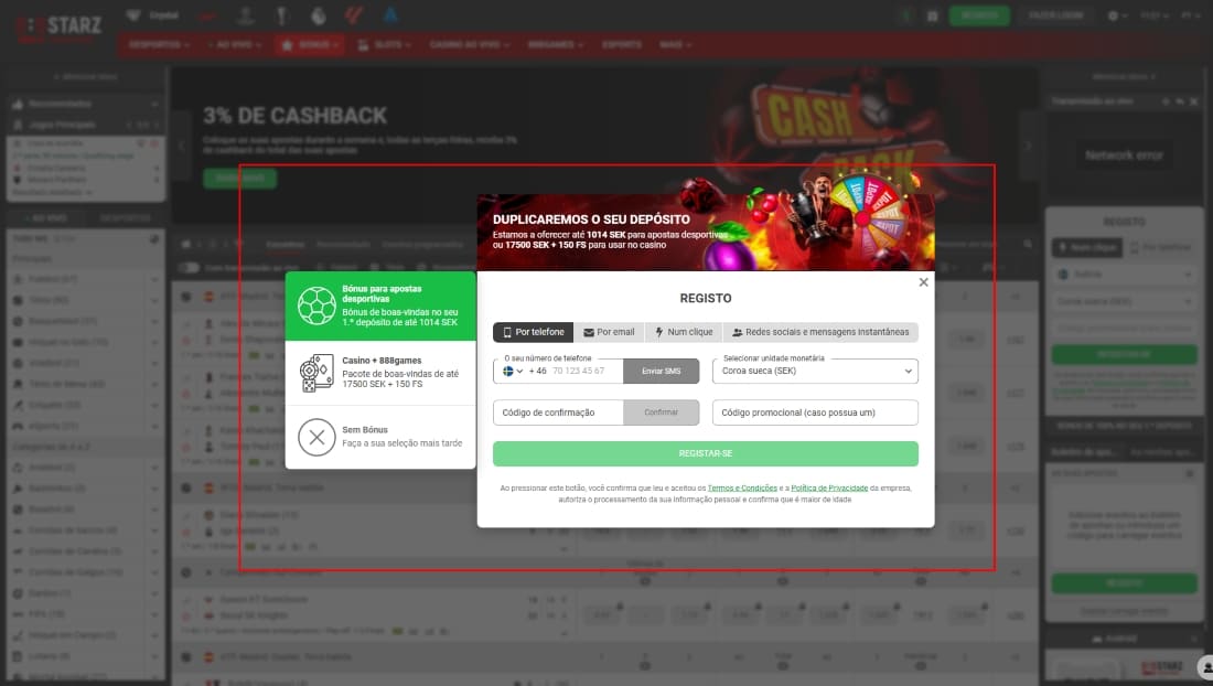 Tela de registro no 888starz mostrando bônus para apostas esportivas e cassino com seleção inicial
