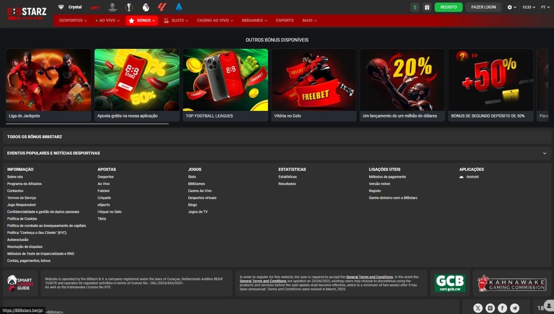 Rodapé do site 888Starz com links úteis e seção de bônus exibindo promoções e campanhas ativas