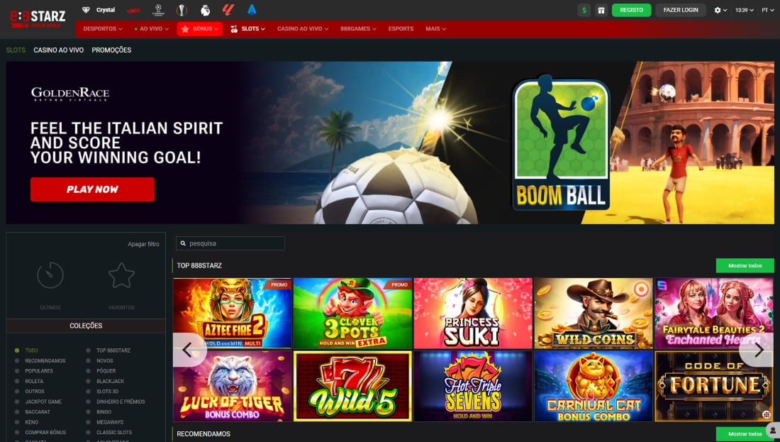 Página de slots no 888Starz com destaque para o jogo Boom Ball e seleção de jogos populares abaixo