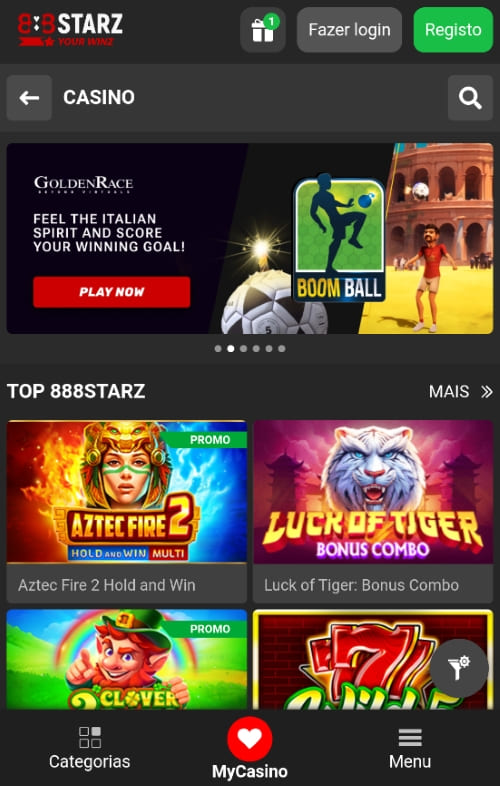 Página inicial da seção de cassino do app móvel 888Starz com jogos em destaque e menu inferior